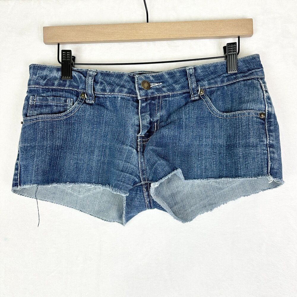 Vintage Rue 21 Y2K Low Rise Micro Mini Denim Shorts Size 5/6 Cutoff Embroidered